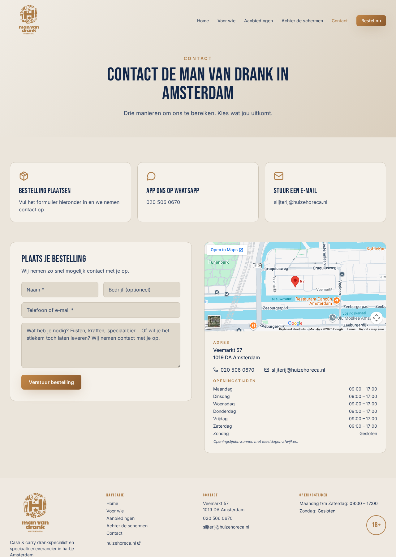Contact- en bestelpagina van De Man van Drank, gebouwd door SepSite